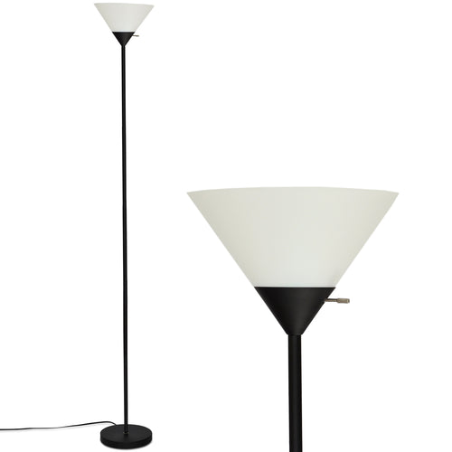 Torchiere Floor Lamp with Frosted White Shade with a Matte Black Metal Base