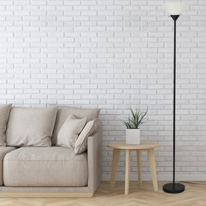 Torchiere Floor Lamp with Frosted White Shade with a Matte Black Metal Base